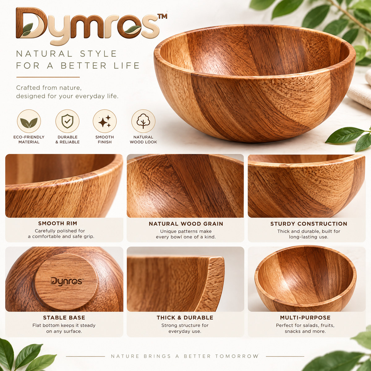 Dymros Natural Wooden Serving Bowl — view 2